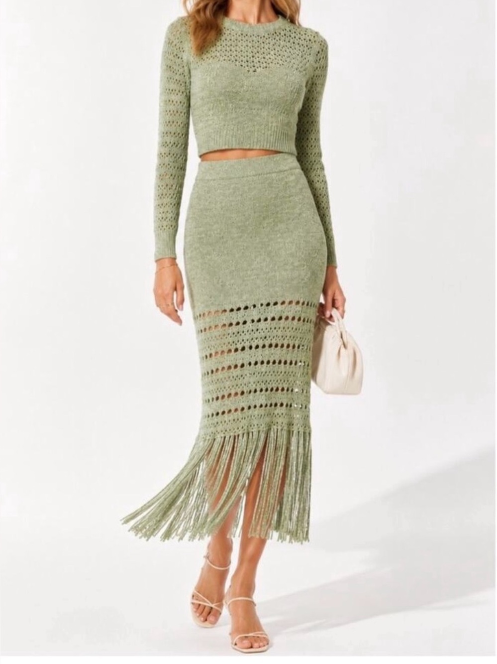 Amanda Uprichard Layla Crochet Fringe  Knit Sweater Skirt Set size-Medium